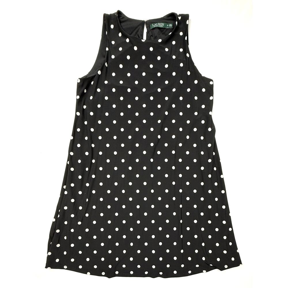 Lauren Ralph Lauren Black And White Polka Dot Sleeveless Shift Dress Sz 16